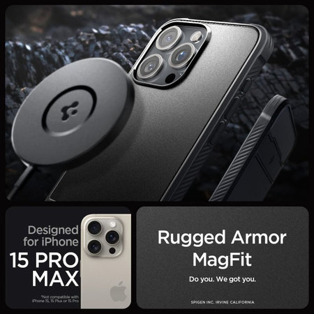 Spigen - Puzdro Rugged Armor s MagSafe pre iPhone 15 Pro Max, Matte Black