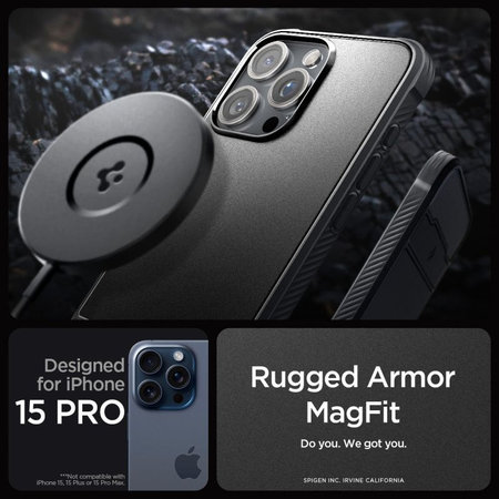 Spigen - Puzdro Rugged Armor s MagSafe pre iPhone 15 Pro, Matte Black