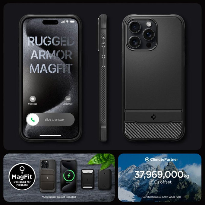 Spigen - Puzdro Rugged Armor s MagSafe pre iPhone 15 Pro, Matte Black