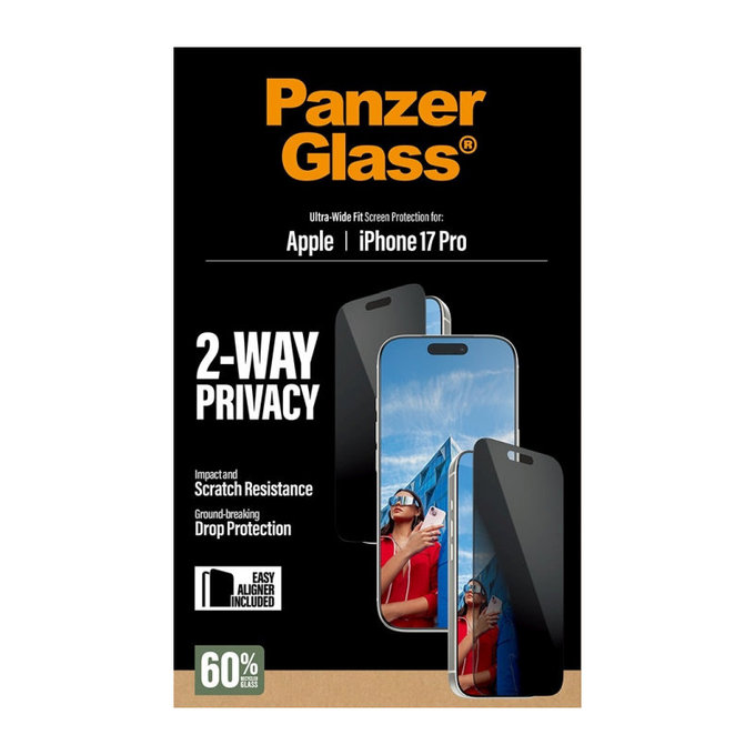 Tvrdené sklo UWF 2-Way Privacy s aplikátorom pre iPhone 17 Pro, Čierna, PanzerGlass