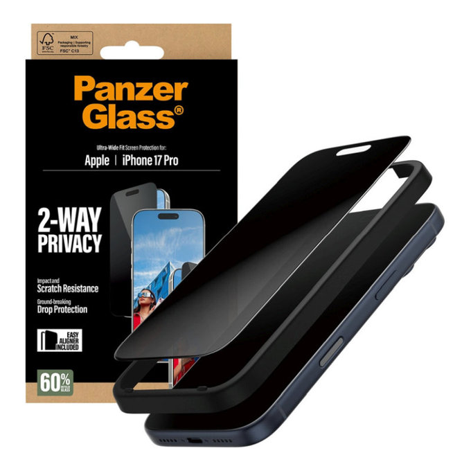 Tvrdené sklo UWF 2-Way Privacy s aplikátorom pre iPhone 17 Pro, Čierna, PanzerGlass