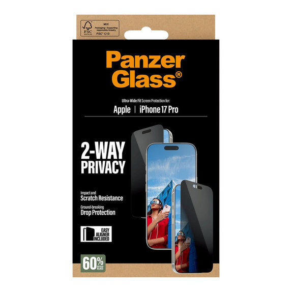 Tvrdené sklo UWF 2-Way Privacy s aplikátorom pre iPhone 17 Pro, Čierna, PanzerGlass