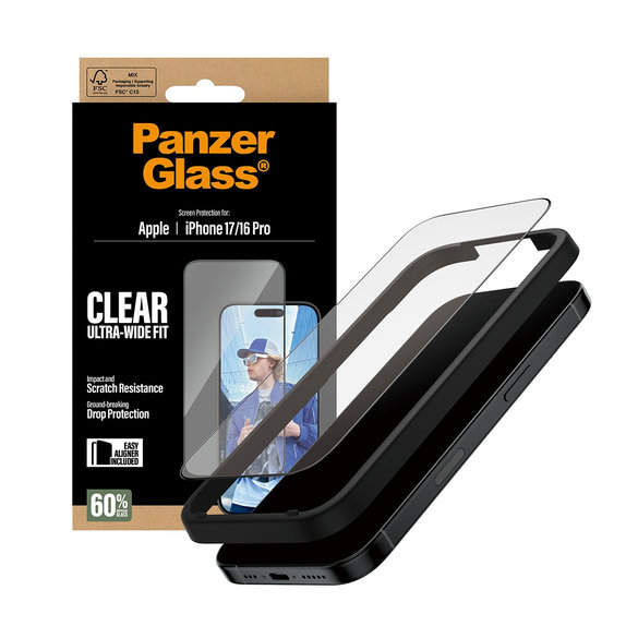 Tvrdené sklo UWF s aplikátorom pre iPhone 17/16 Pro, Čierna, PanzerGlass
