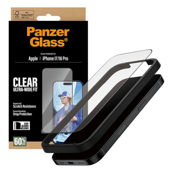 Tvrdené sklo UWF s aplikátorom pre iPhone 17/16 Pro, Čierna, PanzerGlass