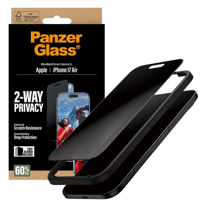 Tvrdené sklo UWF 2-Way Privacy s aplikátorom pre iPhone 17 Air, Čierna, PanzerGlass