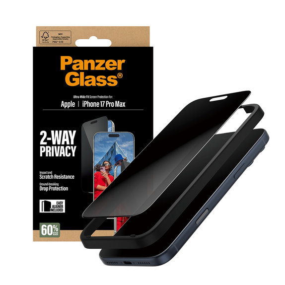 Tvrdené sklo UWF 2-Way Privacy s aplikátorom pre iPhone 17 Pro Max, Čierna, PanzerGlass