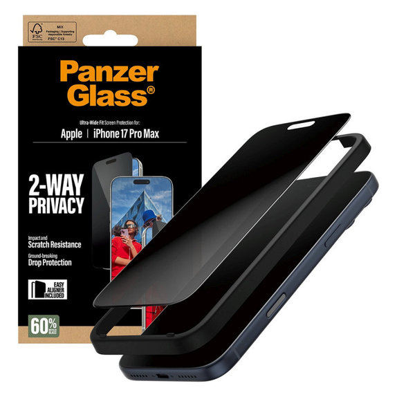 Tvrdené sklo UWF 2-Way Privacy s aplikátorom pre iPhone 17 Pro Max, Čierna, PanzerGlass