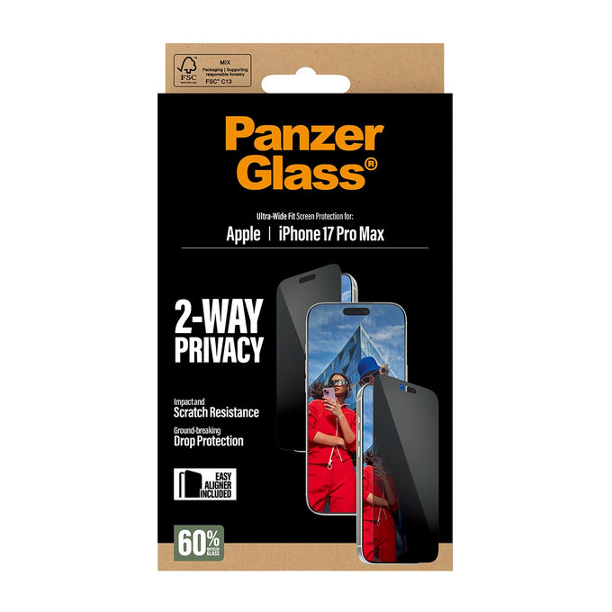 Tvrdené sklo UWF 2-Way Privacy s aplikátorom pre iPhone 17 Pro Max, Čierna, PanzerGlass