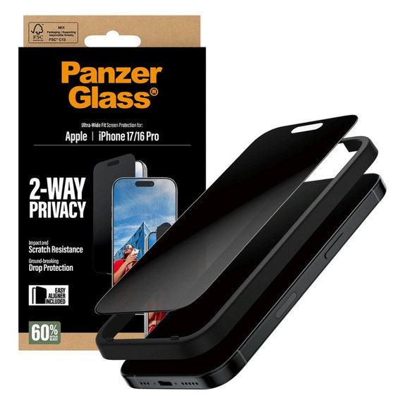 Tvrdené sklo UWF 2-Way Privacy s aplikátorom pre iPhone 17/16 Pro, Čierna, PanzerGlass