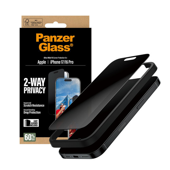Tvrdené sklo UWF 2-Way Privacy s aplikátorom pre iPhone 17/16 Pro, Čierna, PanzerGlass