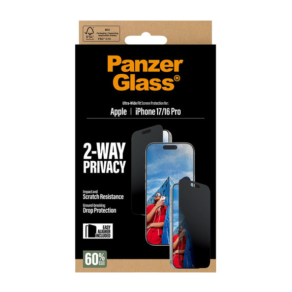 Tvrdené sklo UWF 2-Way Privacy s aplikátorom pre iPhone 17/16 Pro, Čierna, PanzerGlass