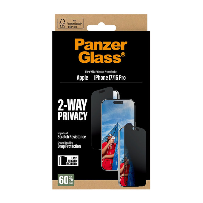 Tvrdené sklo UWF 2-Way Privacy s aplikátorom pre iPhone 17/16 Pro, Čierna, PanzerGlass