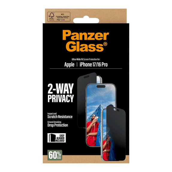 Tvrdené sklo UWF 2-Way Privacy s aplikátorom pre iPhone 17/16 Pro, Čierna, PanzerGlass