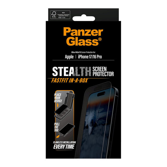 Tvrdené sklo UWF Stealth s Fastfit pre iPhone 17/16 Pro, Čierna, PanzerGlass