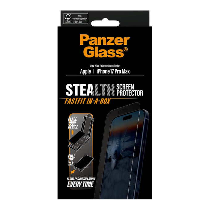 Tvrdené sklo UWF Stealth s Fastfit pre iPhone 17 Pro Max, Čierna, PanzerGlass