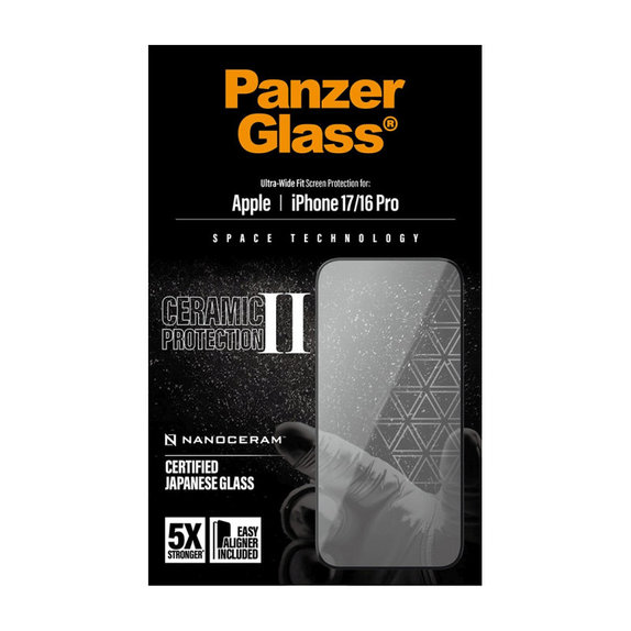 Tvrdené sklo UWF Ceramic II s aplikátorom pre iPhone 17/16 Pro, Čierna, PanzerGlass