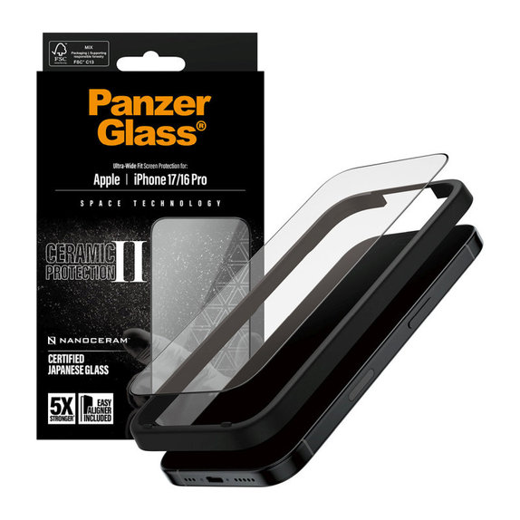 Tvrdené sklo UWF Ceramic II s aplikátorom pre iPhone 17/16 Pro, Čierna, PanzerGlass