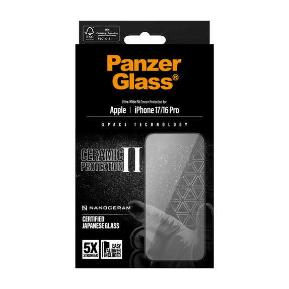 Tvrdené sklo UWF Ceramic II s aplikátorom pre iPhone 17/16 Pro, Čierna, PanzerGlass