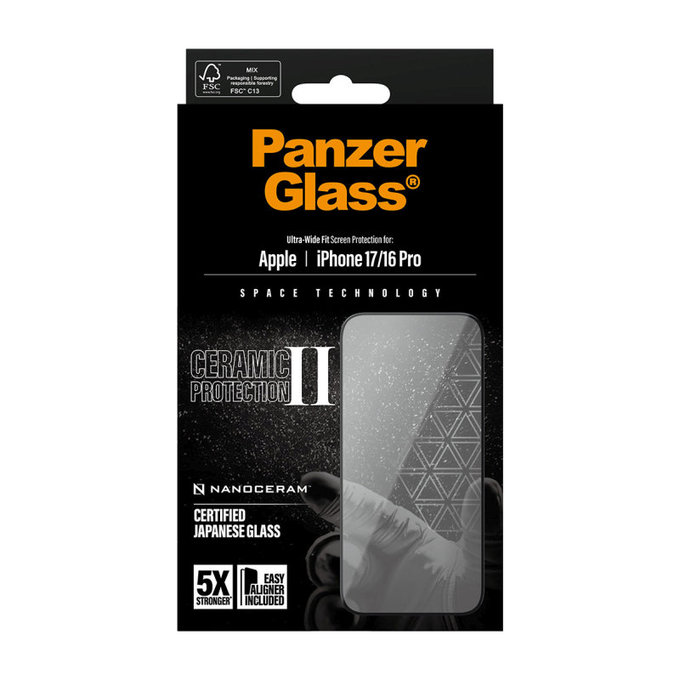 Tvrdené sklo UWF Ceramic II s aplikátorom pre iPhone 17/16 Pro, Čierna, PanzerGlass