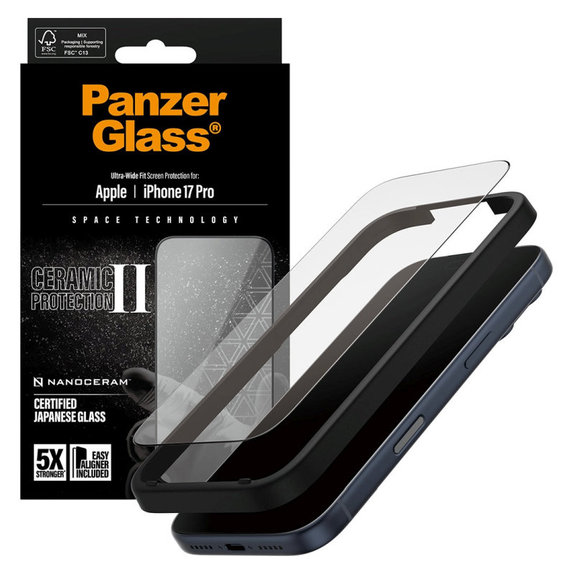 Tvrdené sklo UWF Ceramic II s aplikátorom pre iPhone 17 Pro, Čierna, PanzerGlass