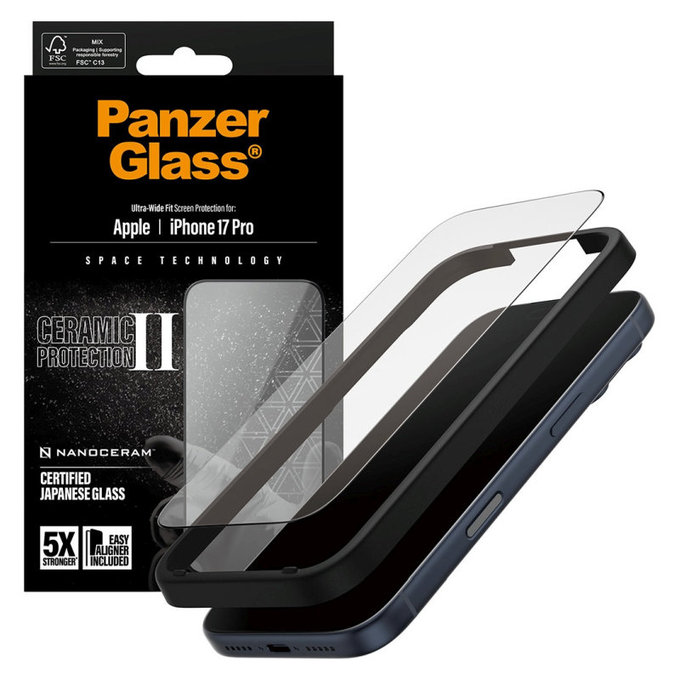 Tvrdené sklo UWF Ceramic II s aplikátorom pre iPhone 17 Pro, Čierna, PanzerGlass