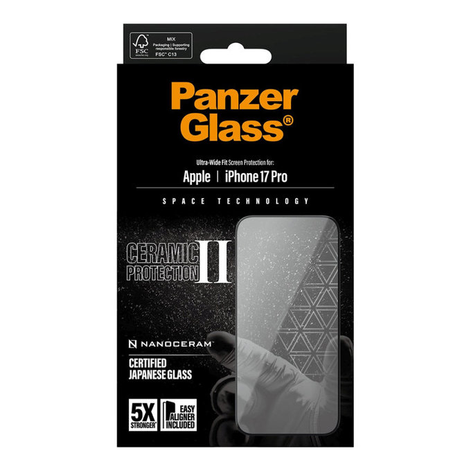 Tvrdené sklo UWF Ceramic II s aplikátorom pre iPhone 17 Pro, Čierna, PanzerGlass