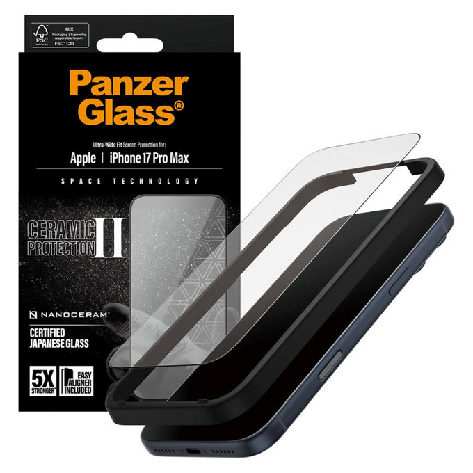 Tvrdené sklo UWF Ceramic II s aplikátorom pre iPhone 17 Pro Max, Čierna, PanzerGlass
