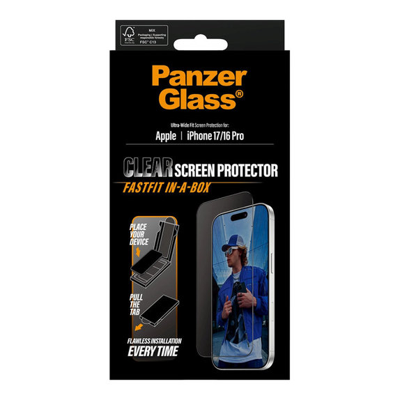 Tvrdené sklo UWF s Fastfit pre iPhone 17/16 Pro, Čierna, PanzerGlass