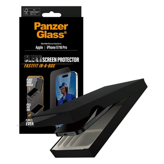 Tvrdené sklo UWF s Fastfit pre iPhone 17/16 Pro, Čierna, PanzerGlass