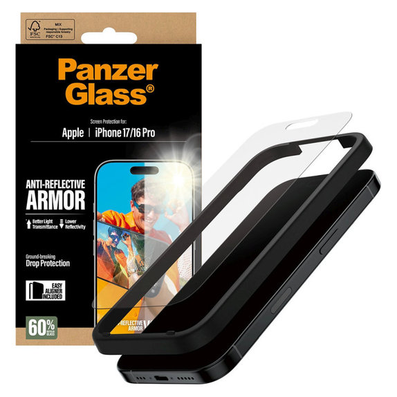 Tvrdené sklo Anti-Reflective s aplikátorom pre iPhone 17/16 Pro, Čierna, PanzerGlass