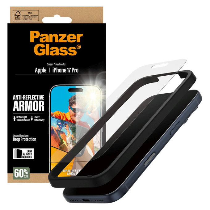 Tvrdené sklo Anti-Reflective s aplikátorom pre iPhone 17 Pro, Čierna, PanzerGlass