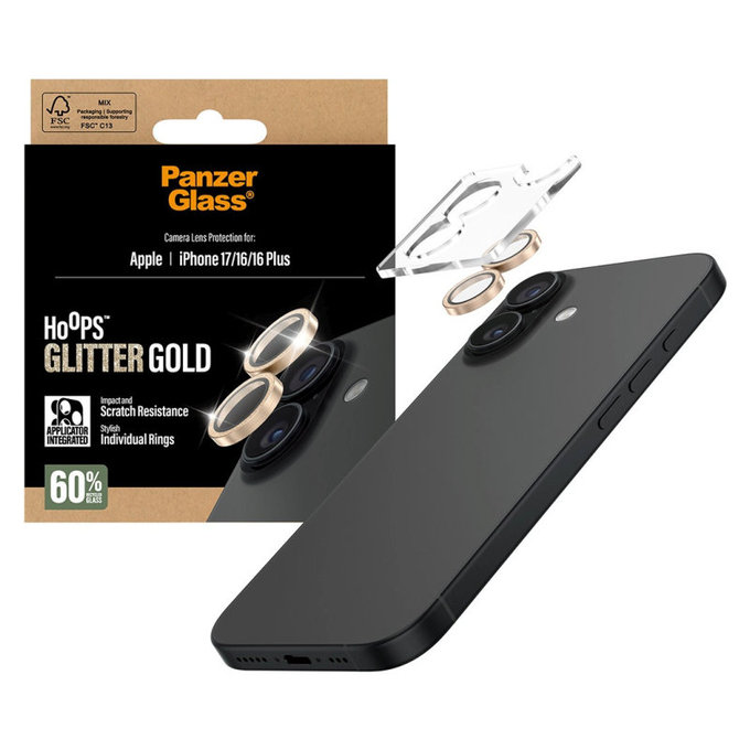 Ochranný kryt objektívu Hoops pre iPhone 17/16 Plus/16, Glitter Gold, PanzerGlass