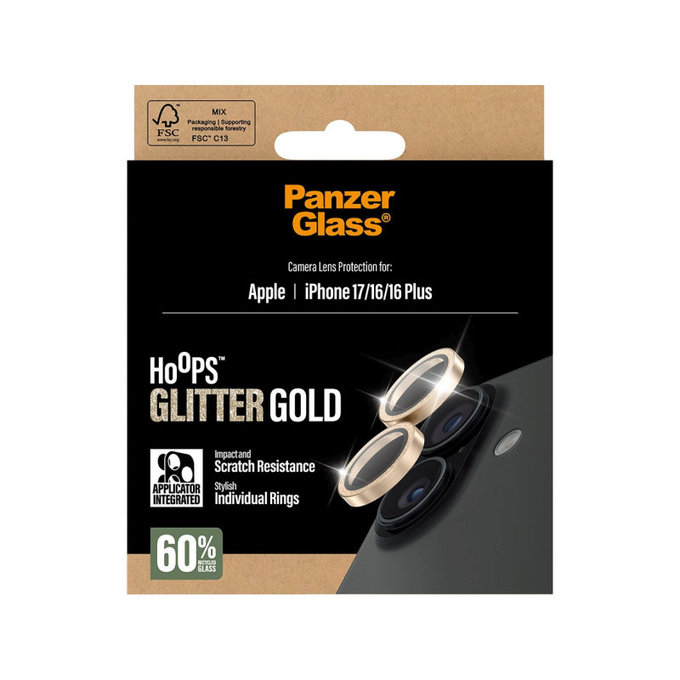 Ochranný kryt objektívu Hoops pre iPhone 17/16 Plus/16, Glitter Gold, PanzerGlass
