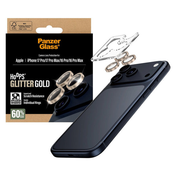 Ochranný kryt objektívu Hoops pre iPhone 17 Pro Max/17 Pro/16 Pro Max/16 Pro, Glitter Gold, PanzerGlass
