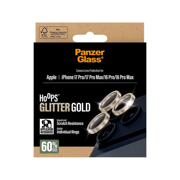 Ochranný kryt objektívu Hoops pre iPhone 17 Pro Max/17 Pro/16 Pro Max/16 Pro, Glitter Gold, PanzerGlass