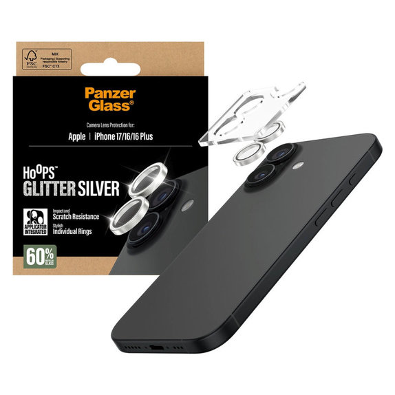 Ochranný kryt objektívu Hoops pre iPhone 17/16 Plus/16, Glitter Silver, PanzerGlass