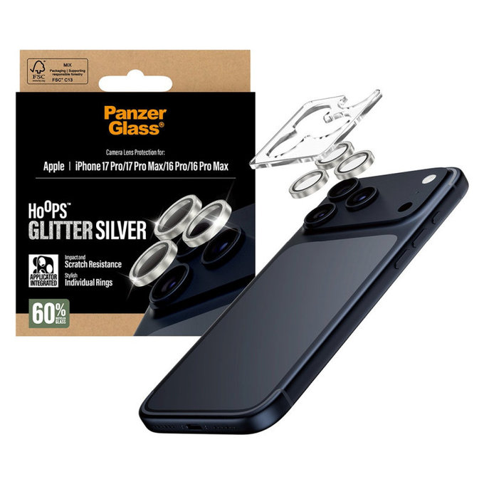 Ochranný kryt objektívu Hoops pre iPhone 17 Pro Max/17 Pro/16 Pro Max/16 Pro, Glitter Silver, PanzerGlass