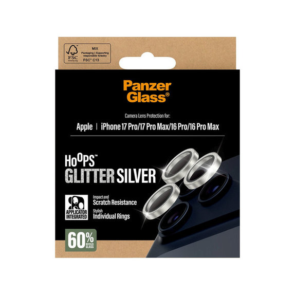 Ochranný kryt objektívu Hoops pre iPhone 17 Pro Max/17 Pro/16 Pro Max/16 Pro, Glitter Silver, PanzerGlass