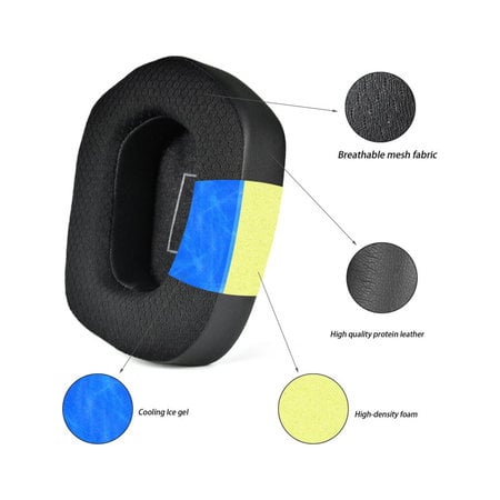 Náhradné Náušníky pre Logitech G733, Pamäťová pena + Textil + Koža, Čierne, Chladivý Gél, 1 pár