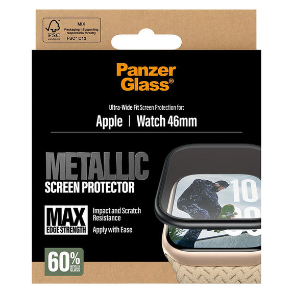 Tvrdené sklo UWF METALLIC pre Apple Watch 11/10 46 mm, Čierna, PanzerGlass