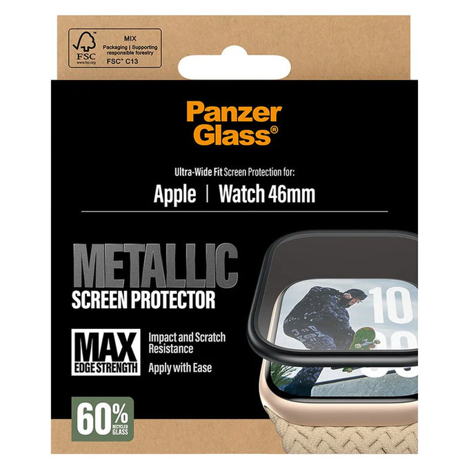 Tvrdené sklo UWF METALLIC pre Apple Watch 11/10 46 mm, Čierna, PanzerGlass