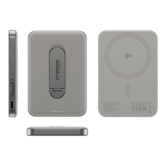 Bezdrôtová PowerBank 5000 mAh, s otočným stojanom 20 W, kompatibilná s MagSafe, Qi2/USB-C, Titán, empower