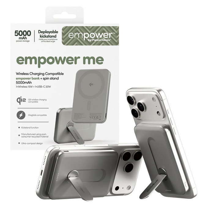 Bezdrôtová PowerBank 5000 mAh, s otočným stojanom 20 W, kompatibilná s MagSafe, Qi2/USB-C, Titán, empower
