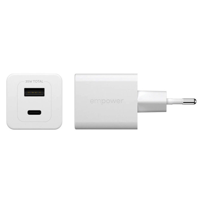 Cestovný adaptér Grand Prix USB-C/USB-A, GaN, 35 W PD, striebornobiela, empower