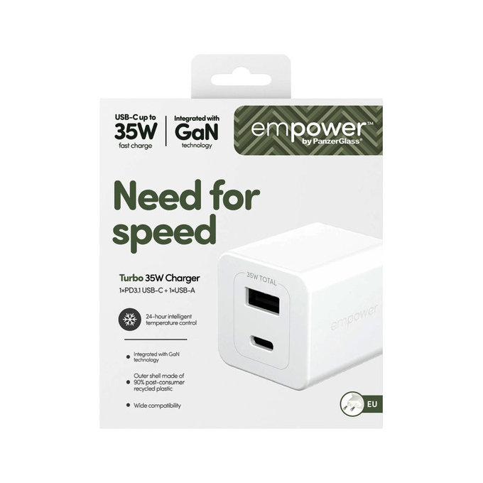 Cestovný adaptér Grand Prix USB-C/USB-A, GaN, 35 W PD, striebornobiela, empower