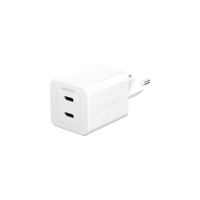 Cestovný adaptér Grand Prix 2x USB-C, GaN, 45 W PD, Striebornobiela, empower