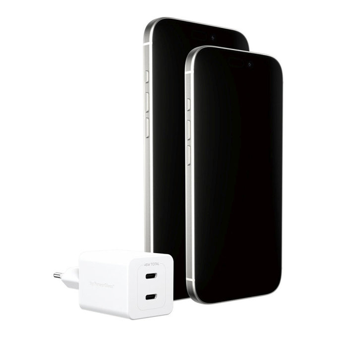 Cestovný adaptér Grand Prix 2x USB-C, GaN, 45 W PD, Striebornobiela, empower