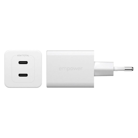 Cestovný adaptér Grand Prix 2x USB-C, GaN, 45 W PD, Striebornobiela, empower