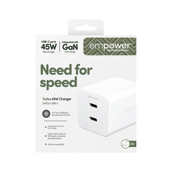 Cestovný adaptér Grand Prix 2x USB-C, GaN, 45 W PD, Striebornobiela, empower