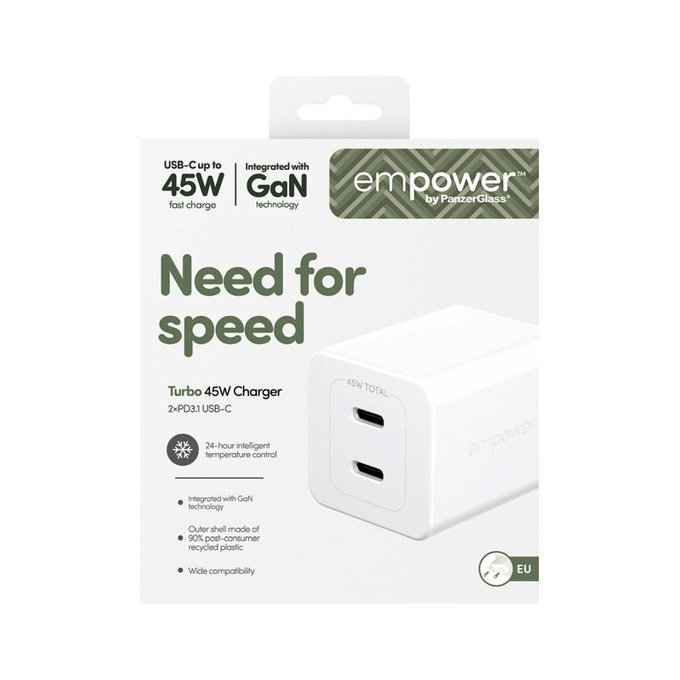 Cestovný adaptér Grand Prix 2x USB-C, GaN, 45 W PD, Striebornobiela, empower